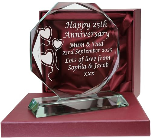 De Walden 25th Silver Wedding Anniversary Personalised Cut Glass Keepsake | Engraved Presentation Gift, 25 Years, For Parents, Grandparents, Friends