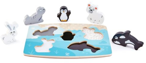 Hape Fühlpuzzle Polartiere - Holzpuzzle mit Fühlelementen, Sensorisches Lernspielzeug, Fördert Motorik & Sinne, mit Tieren aus der Arktis, für Kinder ab 2 Jahren