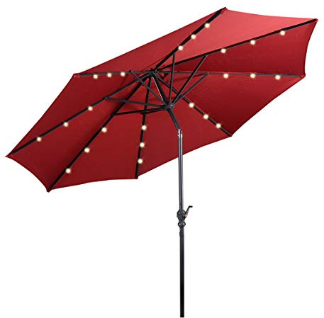 GOPLUS Sonnenschirm 270 cm mit Solar LED-Beleuchtung, Balkonschirm um 30° knickbar, Gartenschirm mit Kurbel, Marktschirm Terrassenschirm 6 Rippen, Tischschirm Balkon Garten Terrasse Strand (Rot)