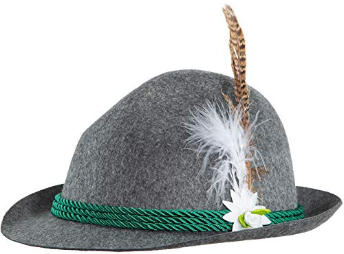 dressforfun 302847 Sepplhut mit Edelweiß und Feder, Trachtenhut für Oktoberfest, Trachten Party, grau