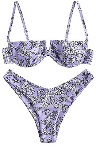 ZAFUL Bikini Frame Donna Sexy Costume da Bagno Due Pezzi Stampa Floreale Spaghetti Brestles (Porpora, S-EU 36)