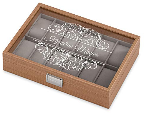 Maverton Uhrenbox mit Gravur für 12 Uhren - Uhrenkasten Aufbewahrungsbox mit herausnehmbaren Uhrenkissen - Schmuckbox zum Geburtstag für Frauen - Farbe: Braun - Motivo