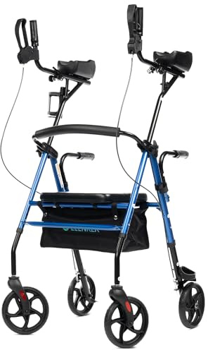 ELENKER Upright Walker, Stand Up Rollator Walker with Padded Seat and Backrest, Lightweight, Compact Folding, Fully Adjustment Frame for Seniors, Blue