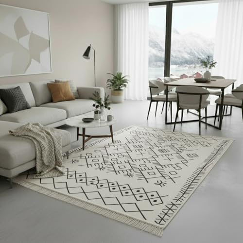 Jimri Teppich Läufer - Tepiche für Wohnzimmer, Schlafzimmer, Küche, Kinderzimmer, Badezimmer - Boho Kelim - Läufer Flur, Schwarz-Weiß, Größe: 120x170 cm