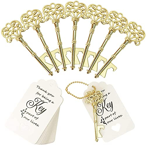 WODEGIFT 20 PCS Key Bottle Openers,Vintage Skeleton Key Bottle Opener,Wedding Favors Bottle Opener with 20Pcs Tag Cards and 20Pcs Key Chains(Gold