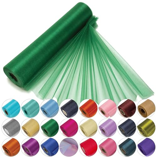 Trimming Shop Organza-Rolle, 25 m x 29 cm, schneetransparenter Glitzerstoff, elegantes Dekotuch für Stuhl, Bogenschärpe, Tischläufer, Hochzeitslocation, Partydekoration, Jägergrün