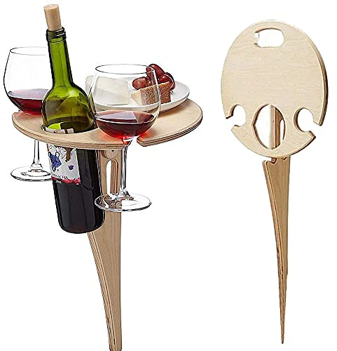 Tavolo da Vino Portatile per Esterni, Rotondo, Pieghevole, in Legno, per Picnic, Campeggio, Spiaggia, Attività all'Aperto, Parco, Prato