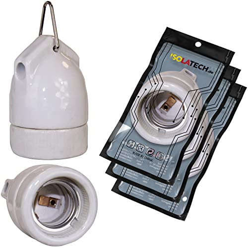 ISOLATECH 3x E27 Keramik Hängefassung mit Metallöse (max.250V/4A) | Für LED- und Energiesparlampen, Hitzebeständig, Mit Metallöse zur Aufhängung, Geeignet für Küche, Kühlschrank, Bad und Decke