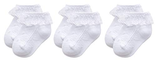 Durio Baby Mädchen Socken mit Rüschen Baumwolle Spitze Taufe Ösen Kleid Söckchen für Baby Kleinkind 3 Paar Weiß 3-12 Monate