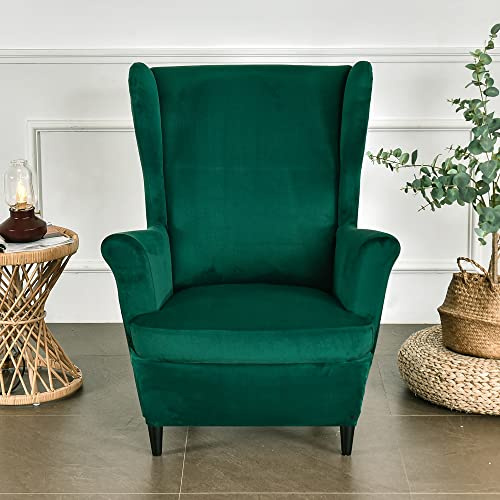 MIFXIN Wing Chair Slipcover 2 Piece Set Velvet Stretch Wingback Chair Cover with Cushion Cover Soft Washable Armchair Furniture Protector for Living Room Bedroom (Deep Green)