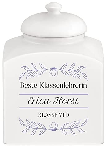 Maverton Keramik Keksdose mit Aufdruck - Vorratsbehälter mit Deckel - Vorratsglas personalisiert - Gebäckdose für Frauen zum Geburtstag - Keksglas für Naschkatze - weiß - Lila