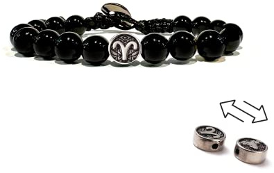 clorophilla. Bracciale Astrologico con Segno Zodiacale in Onice Nero Unisex - 12 Costellazioni Doppio Verso In Acciaio Gioiello dell'Orsocopo in corda cerata Regolabile (ARIETE)