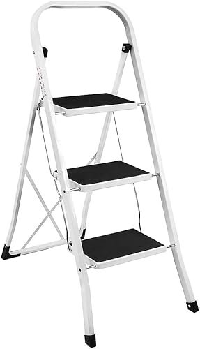 MantraRaj 3 Step Ladder Folding Step Stool Multi-Use for Household, Kitchen, Office Heavy Duty Handgrip Anti Slip Pedal Sturdy Lightweight Folding Step Ladder Easy to Store Stepladder (3 Step - White)