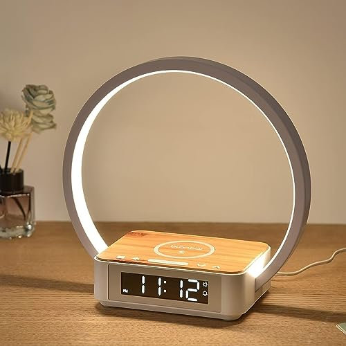 Bedside Lamp Qi Wireless Charger LED Desk Lamp with Alarm Clock, Touch Control 3 Light Hues, 10W Max Wireless Charging Table Lamp，Eye-Caring Reading Light for Kids, Adults, Home