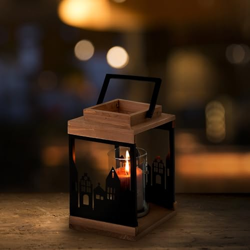 ECD Germany Lanterna Portacandele 14x22 cm in Legno Naturale Metallo e Vetro Decorazione con Maniglia Ornamento Rustico con Bicchiere per Candele Tea Lights per Interno Esterno