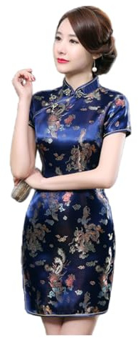 Black Sugar Qipao Abito corto e lungo con piccole maniche e motivo drago, broccato, Cheongsam, tunica, Blu scuro, S