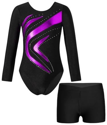 Aislor Gymnastikdräkt med glitter för barn och flickor, långärmad dansbody med gymnastikshorts och strass, för gym och balett, balettkläder, trikåbody, violett, 134-140