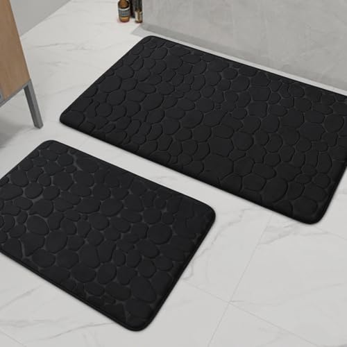 chakme Badezimmer Teppiche Sets 2 Stück, Cobblestone Memory Foam Badezimmer Matten Set dick, Anti-Rutsch-Badematten für Bad,absorbierend waschbar schwarz Badteppiche für Wanne, WC und Boden