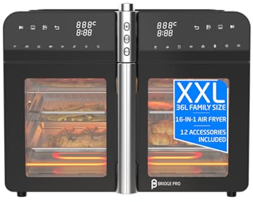 BridgePro 36L Digital Air Fryer Dual Zone Oven With Full Accessory Set - XXL Family Sized 16 in 1 Multi Smart Single Dual Zone Independent Cooking for Healthy Fast and Easy Cooking