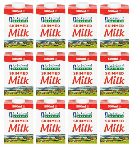 Lakeland UHT Skimmed Milk 500ml Pack of 12 Low Fat 1.25% Long Shelf Life Calcium Dairy Drink Screw Top Multipack Catering Hospitality Office Pantry with Welari Thank You Card | (12pack) (6000ml)