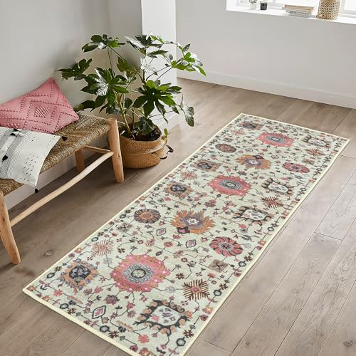 artyrugs Machine Washable Rug, 60x180cm, 75% Recycled Cotton, Short Pile, Non-Slip Backing, Non-Shedding, Suitable for Bedroom, Kitchen, Hallway, Office, Runner, Dusk Beige & Pink