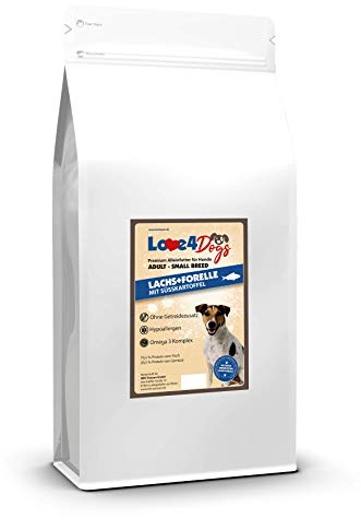 Love4Dogs Trockenfutter für kleine Rassen 6 Kg | Lachs+Forelle mit Süßkartoffel und Spargel | ohne Zusatzstoffe | Premium Alleinfutter für Adulte Hunde Small Breed