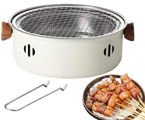 Barbecue da tavolo a carbonella – Barbecue portatile a carbonella, da tavolo, in acciaio inox, con manico in legno e sollevatore, per interni ed esterni, (beige) (12,2 x 11,02 x 3,9 pollici)