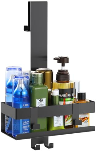 Emibele Duschablage zum Hängen, Edelstahl Badregal ohne Bohren mit Haken | Shampoo Halterung, Duschkorb Handtuchhalter Seifenhalter Wandregal für Glastür Badezimmer 304 Edelstahl, Schwarz