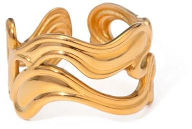 DJADEE Damen Free Waves Ring Gold 750 vergoldet 18 Karat Edelstahl Ring offen Hypoallergen Wasserfest Größe verstellbar, UVP:24,90€