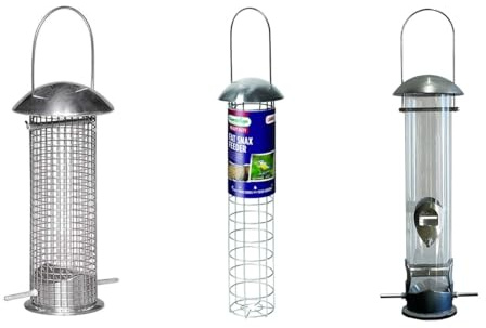 Garden Store Direct Heavy-Duty Deluxe Stainless Steel Large 30cm Hanging Wild Bird Feeders - Seed, Peanut/Sunflower Hearts or Fat Ball Versions, (All 3 Feeders (Multi Pack))