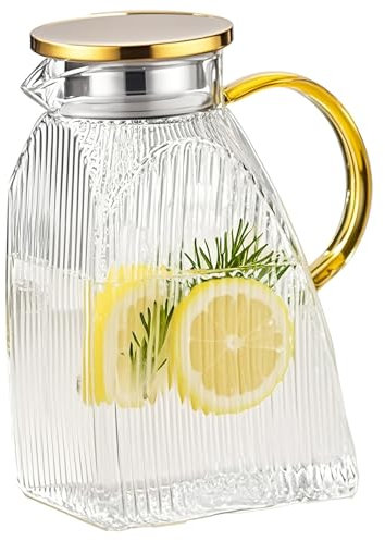 LUPATDY Carafe à eau en verre avec couvercle en acier inoxydable, carafe à eau pour porte de réfrigérateur, carafe en verre pour eau chaude et froide, boissons, thé glacé, jus, lait, thé, café (1,8