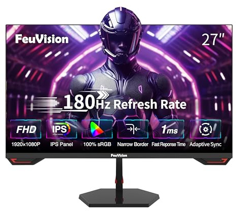 FeuVision 27 Zoll Gaming Monitor, 180Hz, FHD 1080p PC Monitor, 1ms, IPS Panel, FreeSync, Adaptive-Sync, VESA montierbar, Eye-Care, 100% sRGB, Rahmenlos Bildschirm, HDMI*1, DP*1