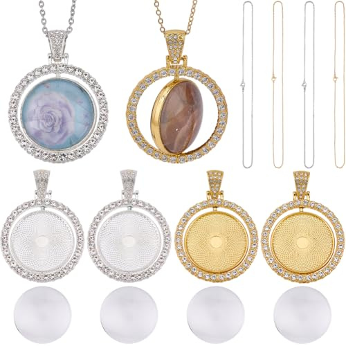 SOFPLATE 6 Sets 24 Stück Strass Anhänger Tabletts 25mm Große Lünetten Anhänger Tabletts Mit Glas Cabochons Edelstahlketten Doppelseitiger Blanker Drehbarer Tablett Anhänger Für Die Schmuckherstellung