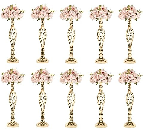 KXQYIKYI 10 Stück goldene Kerzenhalter aus Metall, Road Lead, Tischdekoration, Ständer, Säule, Kerzenhalter für Hochzeit, Kandelaber, Blumen, Vasen