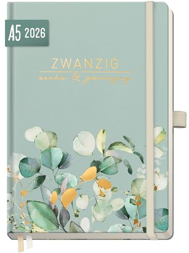 Häfft® Wochen-Notiz-Kalender 2026 A5 Minty Leaves | Buchkalender, Planer Notiz-Timer, Terminplaner, Wochenkalender, Organizer, Terminkalender mit Einstecktasche