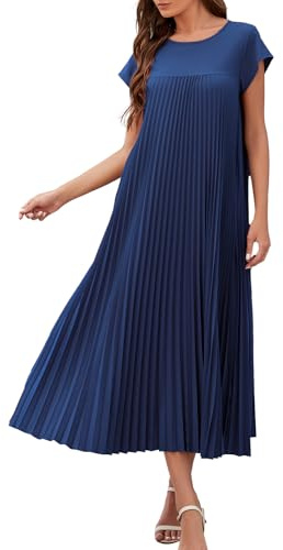 Adigaber Robe Longue pour Femmes Plissée d'été Solide à Col Rond Décontracté Robe avec Poches