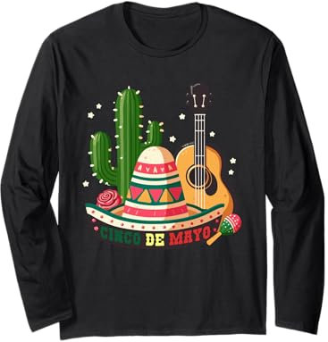 Chitarra Cactus Sombrero Maracas Cinco De Mayo Mexican Fiesta Maglia a Manica