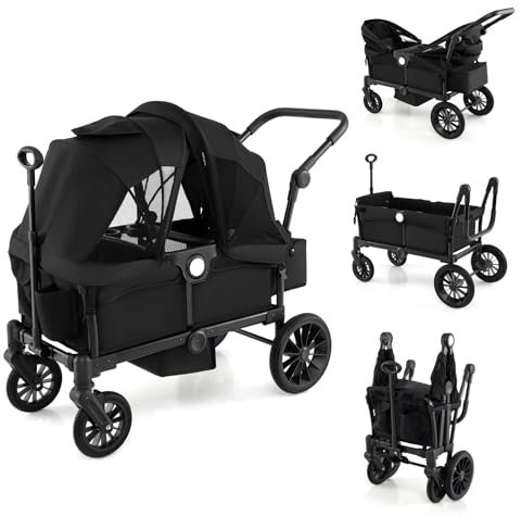 COSTWAY Stroller Wagon for 2 Kids, Push Pull Double Stroller(Black) | with Adjustable Handle, Removable Canopy, Cup Holder, Food Tray, 3-Point Harness, Folding Camping Cart Trolley
