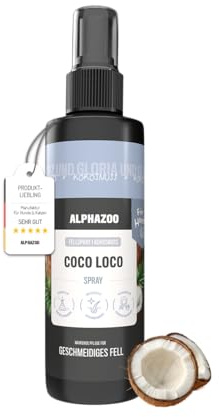 alphazoo Coco Loco Fellspray für Hunde 250ml – mit Sheabutter & Aloe Vera. Pflegt & schützt das Fell, sorgt für Glanz & leichte Kämmbarkeit. Sanfte, Pflege für glänzendes, geschmeidiges Fell
