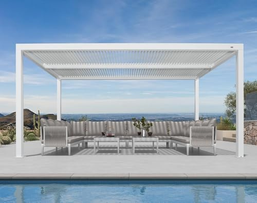 PURPLE LEAF Pergola Bioclimatique 4,6 x 3,3 m Toit Lames Réglables, Blanc | Style épuré, Conçue pour durer, Montage facile, Sans entretien, Gouttières intégrées, Vent force 7, Pergola jardin extérieur