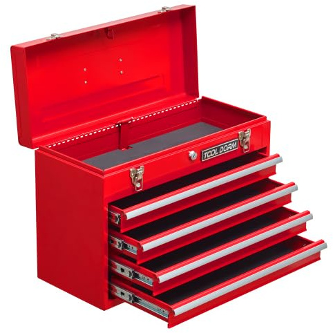Werkzeugkoffer Metall mit 4 Schubladen | Tragbarer Werkzeugkasten Rot & Pulverbeschichtet | Werkzeugbox mit Kugellagerführung & Automatikverriegelung | Für Garage, Haushalt, Werkstatt | 51.5x35.5cm