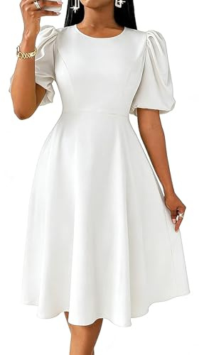 Wedding Guest Dresses for Women Trendy Vintage Balloon Sleeve Casual Fit and Flare Club Formal Dress for Tea Party White Medium