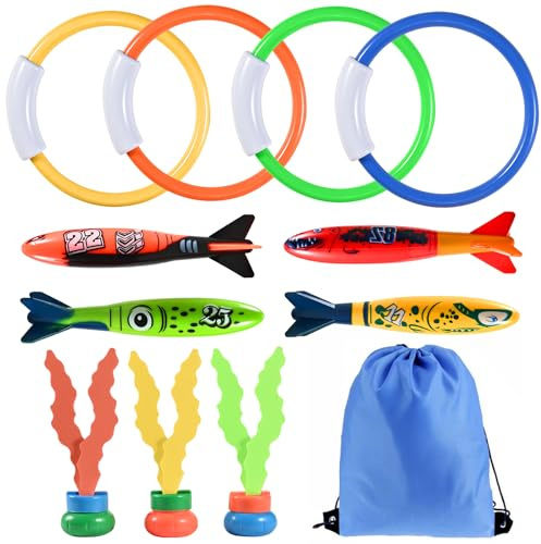 Faburo 12 Stück Tauchspielzeug Set, Tauchringe für Kinder ab 5-12 Jahren, Wasserspielzeug mit Torpedos Tauchringe Algenspielzeug für Sommer Unterwasserspiel Poolpartys