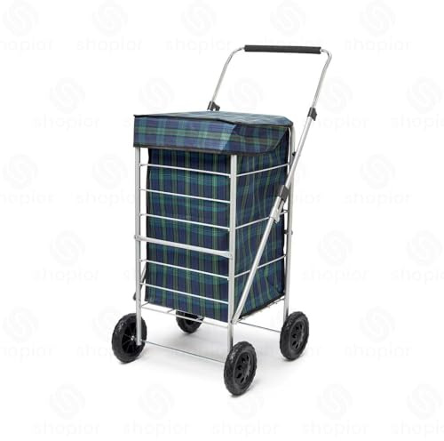 Shopior Shopping Trolley on Wheels – 70L Foldable Grocery Cart with Durable 600D Oxford Cloth Bag | Lightweight, Heavy-Duty & Easy Storage Rolling Cart | Blue & Green Tartan (H99 x W44 x D63.5cm)