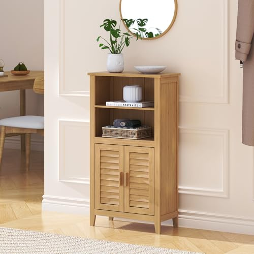 [en.casa] Badezimmerschrank Rirg Beistellschrank Badschrank schmal 92 x 50 x 25 cm Aufbewahrungsschrank mit 2 Türen und 2 offenen Fächern Midischrank Bambus Natur