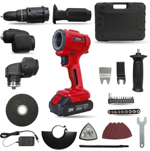 Rotorazer Multi System 10 en 1 - Multiherramienta Inalámbrica 20V: Taladro Percutor, Sierra de Calar, Amoladora, Lijadora y Oscilante | Kit Completo con Maletín y Batería 1500mAh
