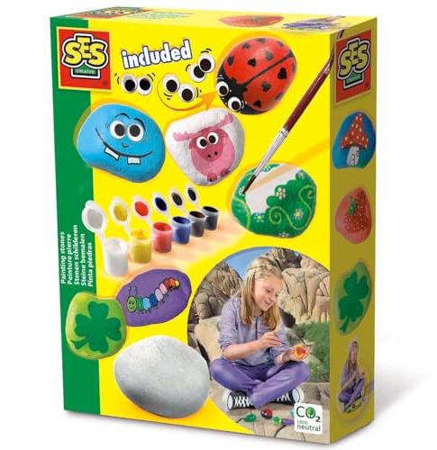 SES Creative 14818 – Painting Stones Set, Arts and Crafts, Rock Painting Kit for Boys and Girls, Includes 5 stones - 6 paint pots, 6 Colours