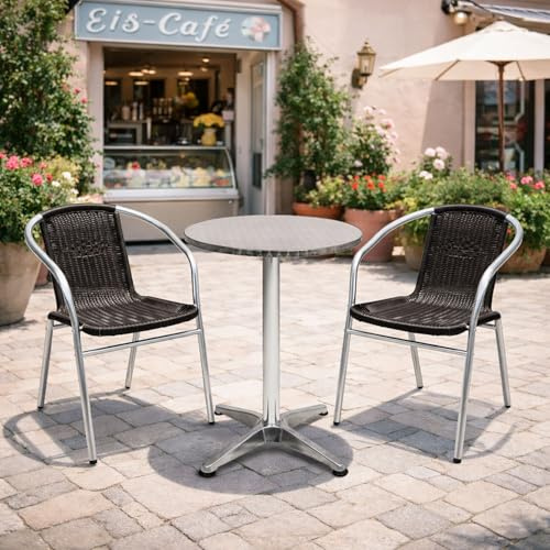 Mojawo® Bistrogarnitur 3-teilig Bistrotisch Aluminium 60x60cm H70cm / 110 cm höhenverstellbar + 2 Stapelstühle Aluminium/Rattan Schwarz