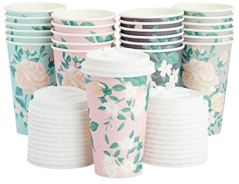 Juvale Floral Paper Coffee Cups with Lids - Disposable Eco-Friendly Paper Cups with Lids for Travel - Party & Bridal Shower Coffee Supplies - 24 Count, 16 Oz, Pastel Assorted