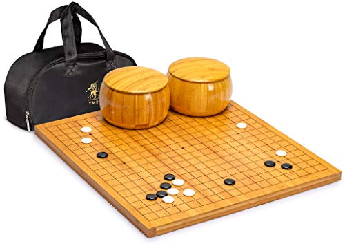 Yellow Mountain Imports Bambus 2 Zentimeter Geätzt Wendbar 19 x 19/13 x 13 Go-Spielbrett-Set mit Doppelt Konvexen Melamin-Steinen und Bambus-Schalen-Set - Klassisches Strategie-Brettspiel